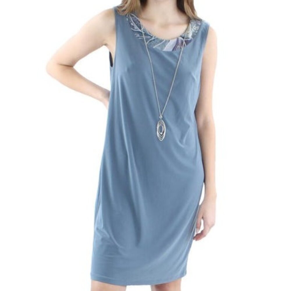 R&M Richards Petite 12P Steel Blue Jersey Sheath Dress Sleeveless Cocktail